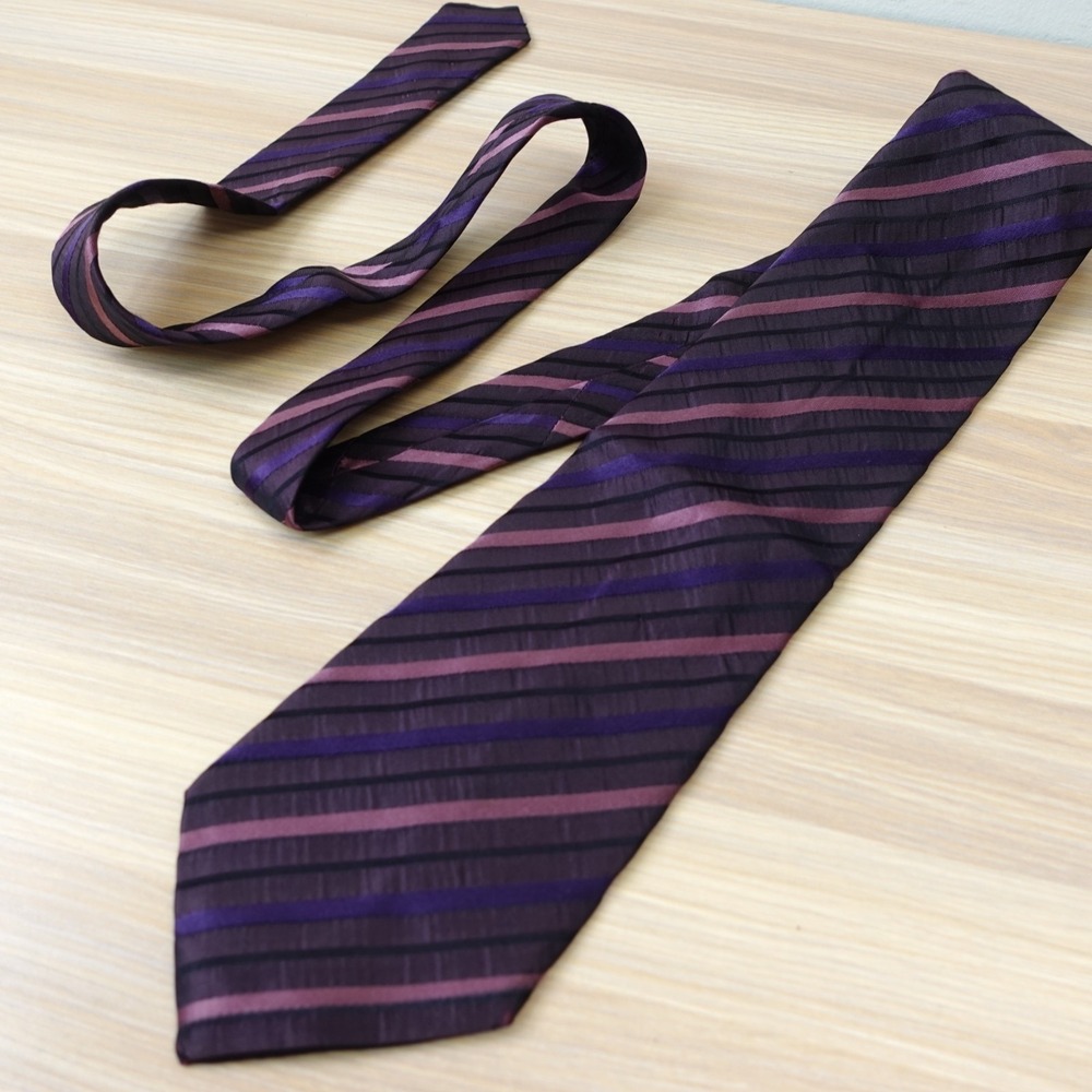 Louis Feraud Tie Mens Purple Crinkled Silk Regimental Striped Plum Pink Luxury